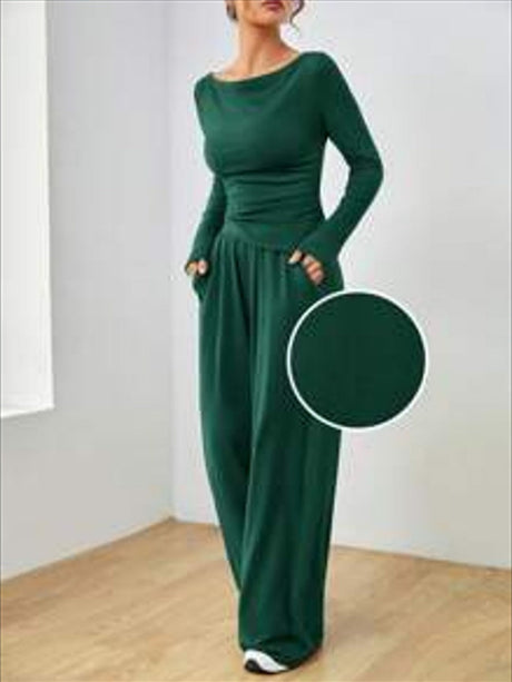 Pocket Solid Color Large Round Neck Long Sleeve Pants 2-piece Sets