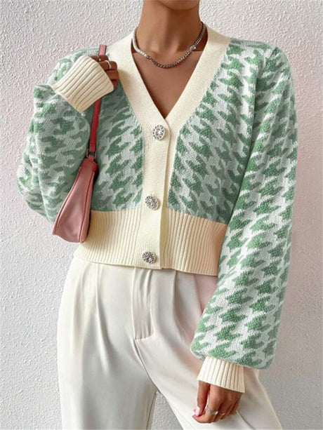 Houndstooth Balloon Sleeve Knitted Cardigan Sweater