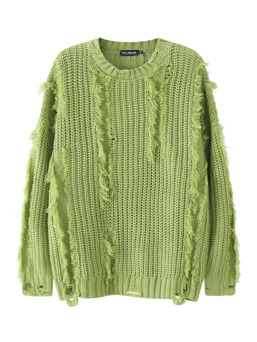 Mahua Hole Raw Edges All-match Crew Neck Sweater