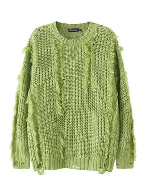 Mahua Hole Raw Edges All-match Crew Neck Sweater