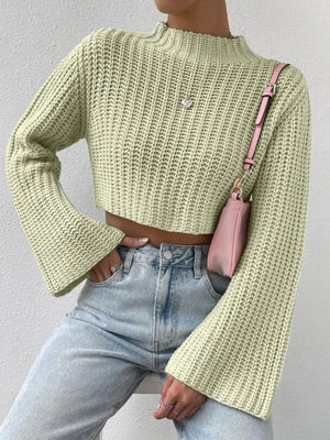High-waisted Short Bell Sleeves Mock Neck Pullover Sweater