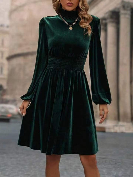 High Collar Gold Velvet Puff Sleeve Hit Long-sleeved Short Dress