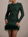Liber Winter Women's Sequins Solid Color Long sleeve Feather Mini&Short Dresses