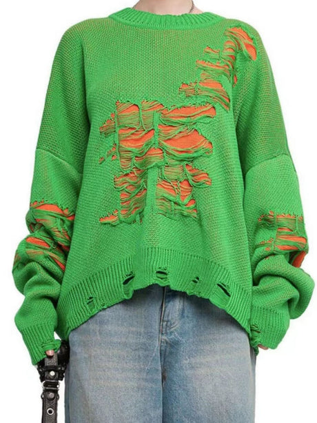 Liber Autumn women's contrast color tattered patchwork pullover sweater
