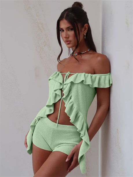 Liber Summer Women's Ruffle Solid Color 2-piece Sets