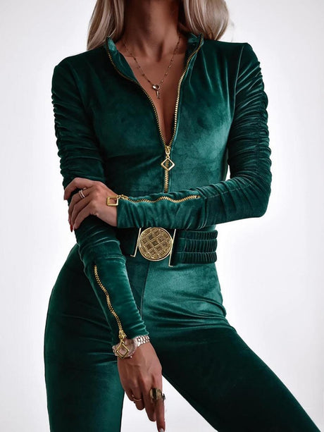 Velvet Zipper Metal Belt Jumpsuit