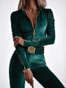 Velvet Zipper Metal Belt Jumpsuit