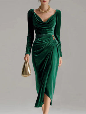 Long-sleeved Velvet With A Cowl Neckline Wrinkles Formal Dinner Cocktail Midi Dress