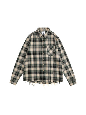 Contrasting Colors Plaid Loose Lapel Raw Edge Buttons Long-sleeved Shirt