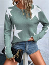Crew Neck Star Pattern Contrasting Colors Knitted Long-sleeved Sweater