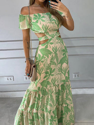 Bare Waist Printed One-shoulder Collar Maxi Dresses