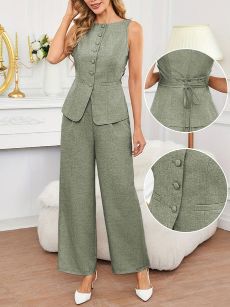 Liber Spring Women's Buttons Solid Color 2-piece Sets