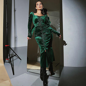 Tight-fitting Gold Velvet Pleated Long Dress