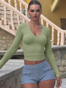 Pullover V-neck Tight Fit Long Sleeve Bare Waist Leisure Workplace T-shirts