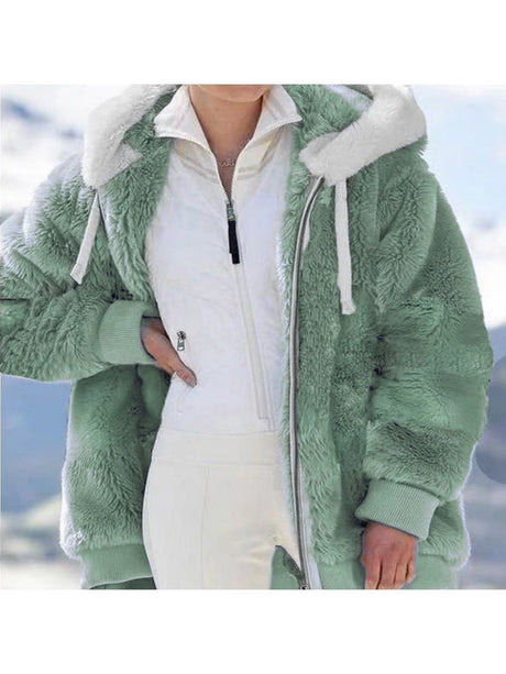Loose Solid Color Plush Zipper Hood With Pockets Solid Color Jackets