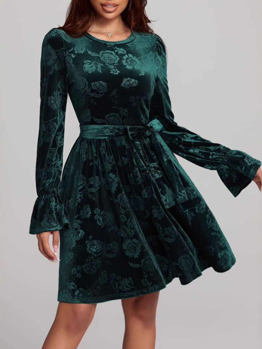 Round Neck Velvet Crew Neck Lace-up Short Dress
