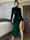 Tight-fitting Mercerized Velvet Turtleneck High Slit Midi Dress