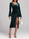 V-neck Velvet Pleated High Slit Long Dress