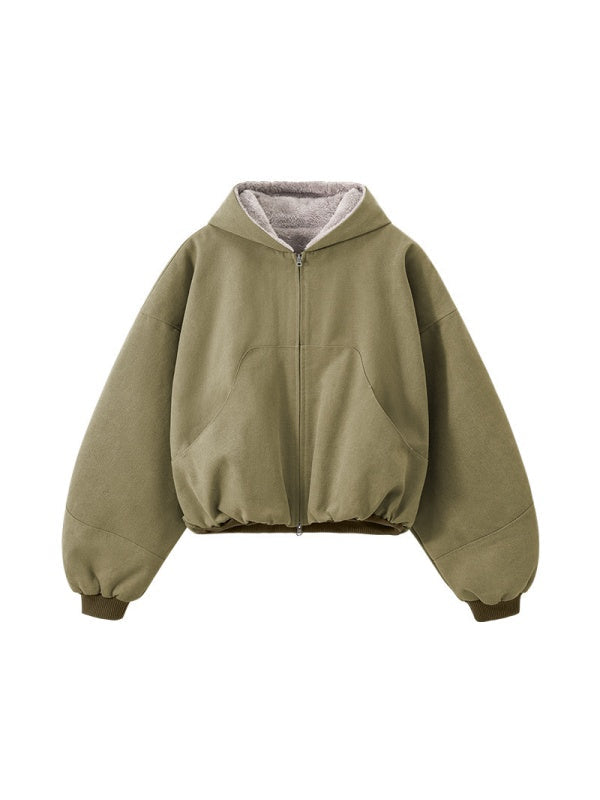 Short Plush Ins Contrasting Colors Hooded Zipper Jacket