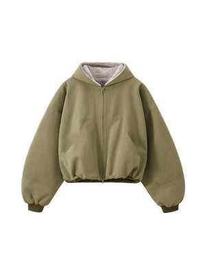 Short Plush Ins Contrasting Colors Hooded Zipper Jacket