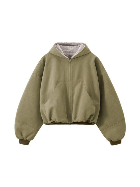 Short Plush Ins Contrasting Colors Hooded Zipper Jacket