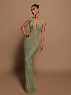 Halter sequins Deep V Bodycon long dress