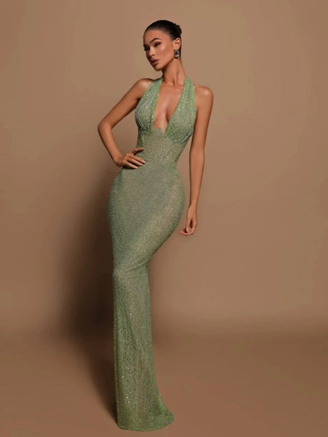 Halter sequins Deep V Bodycon long dress