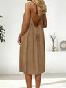Ice Silk Linen Backless Halter Solid Color Midi Dress