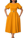 Puff Sleeve High Waist Crew Neck Large Skirt Commuting Leisure Midi Dresses