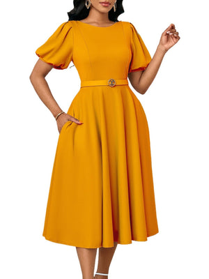 Puff Sleeve High Waist Crew Neck Large Skirt Commuting Leisure Midi Dresses