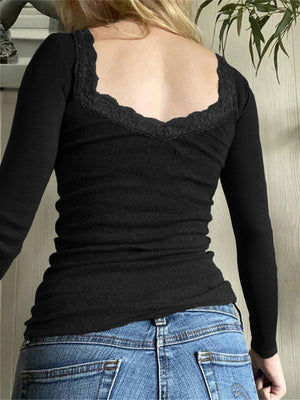 Lace-trimmed Solid Color Long-sleeved Slim-fit Ribbed U-neck T-shirt