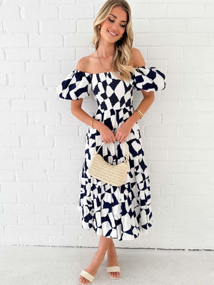 Off-the-shoulder Geometric Color-blocked Print Tulle Skirt With Puff Sleeves Long Dress