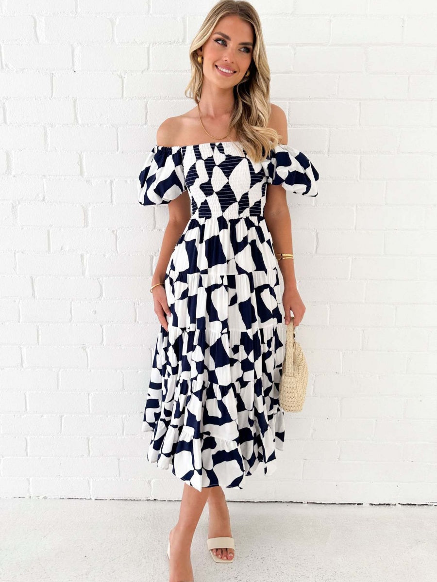 Off-the-shoulder Geometric Color-blocked Print Tulle Skirt With Puff Sleeves Long Dress