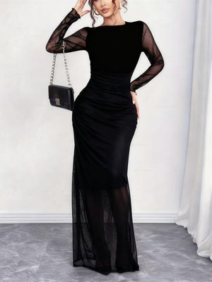 Leopard Mesh Printing Pleats Sexy Tight Fit Crew Neck Maxi Dresses