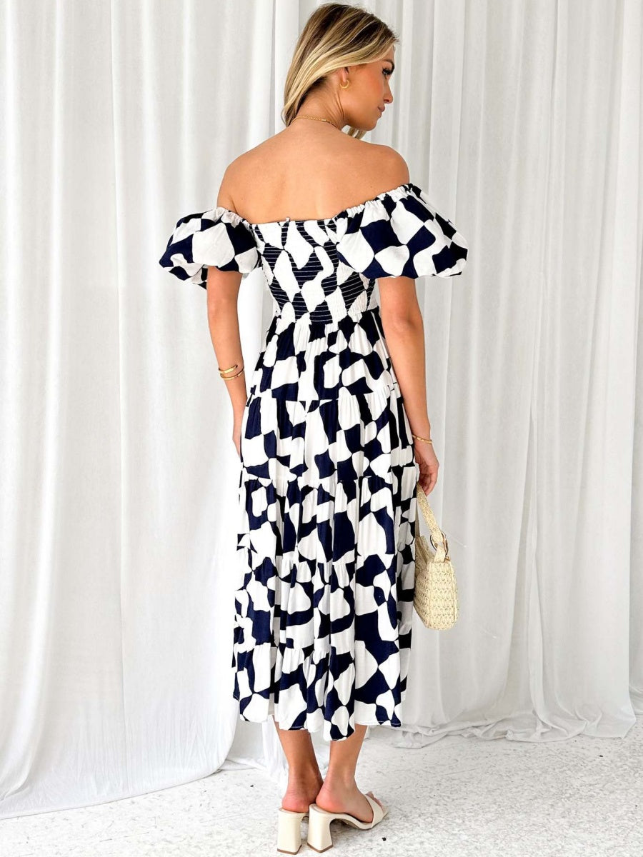 Off-the-shoulder Geometric Color-blocked Print Tulle Skirt With Puff Sleeves Long Dress