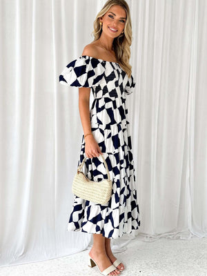 Off-the-shoulder Geometric Color-blocked Print Tulle Skirt With Puff Sleeves Long Dress