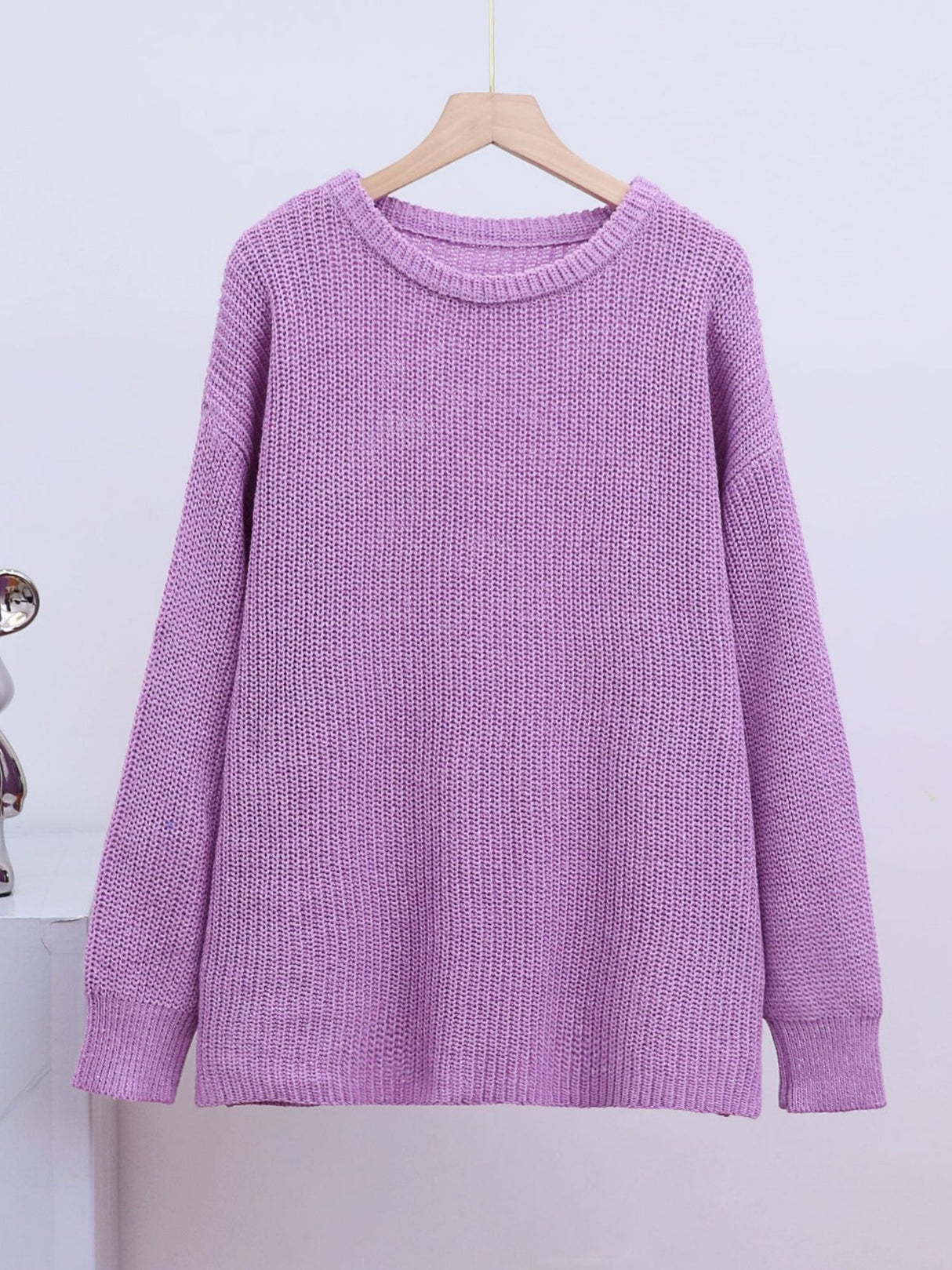 Liber Crew Neck Loose Solid Color Knitted Sweater