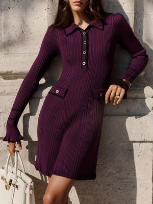 Spliced Chanel Style Long-sleeved Lapel Button-down Ruffled Knitted Mid-length Dress