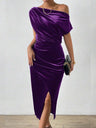 Velvet Sloping Shoulders Pleated Midi Dresses