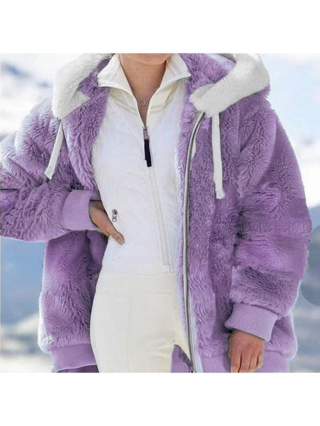 Loose Solid Color Plush Zipper Hood With Pockets Solid Color Jackets