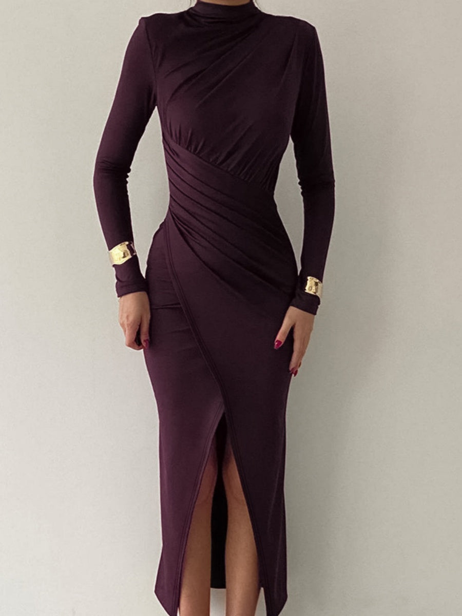 High Collar Black High Slit Evening Long Dress