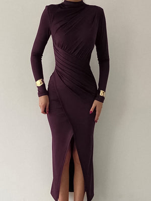 High Collar Black High Slit Evening Long Dress