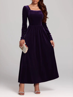 Swinging Square Collar Backless Long-sleeved Dress