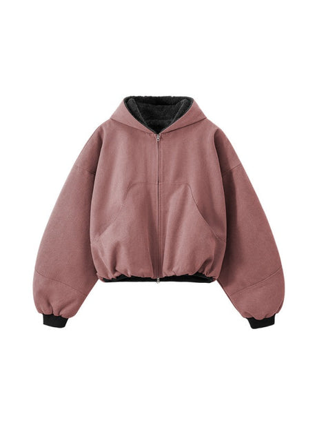 Short Plush Ins Contrasting Colors Hooded Zipper Jacket