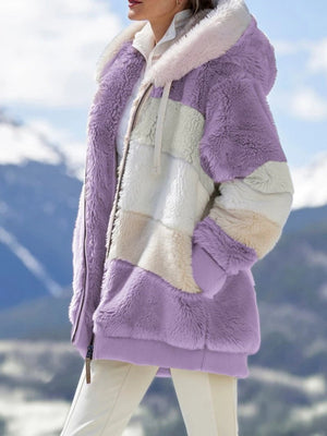 Loose Solid Color Plush Zipper Hood Color-block Jacket