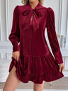 A-style Wine Red Velvet Stripes Long Sleeve Bow Ruffle Cocktail Party Christmas Short Dress