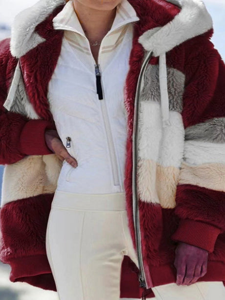 Loose Solid Color Plush Zipper Hood Color-block Jacket