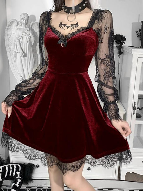 Halloween Lace Velvet Long Sleeve Midi Dresses