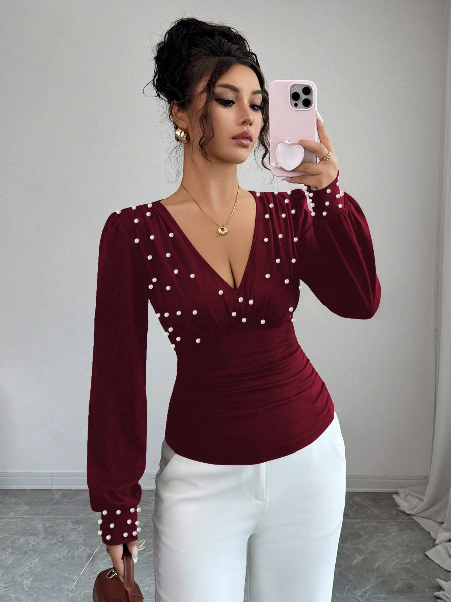 Deep V-neck Slim Fit Pearl Decoration Pleated Waist T-shirt