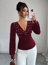 Deep V-neck Slim Fit Pearl Decoration Pleated Waist T-shirt